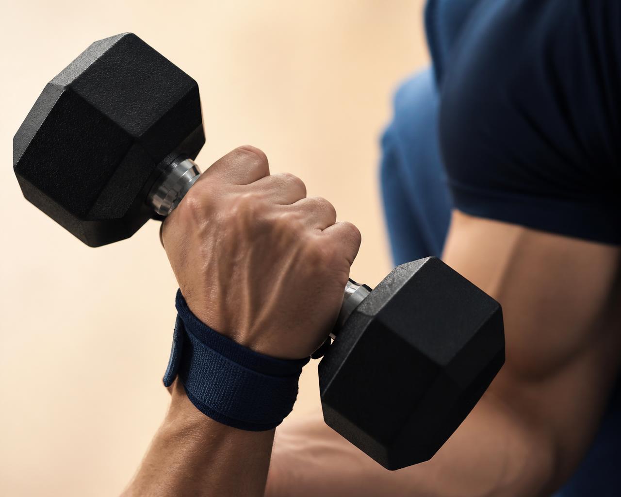 Close-up of hands lifting dumbbells during strength training